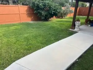 Mowed backyard lawn next to a covered patio with garden statue, potted plants, and wood fence